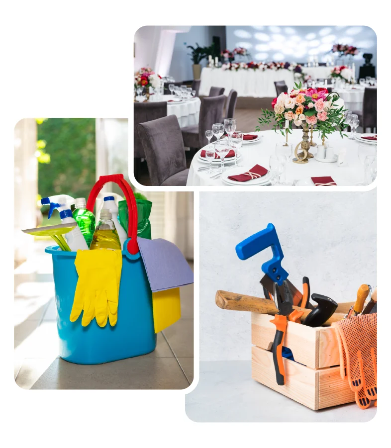 Cleaning service, and handyman tools showcasing professional services in Manchester.